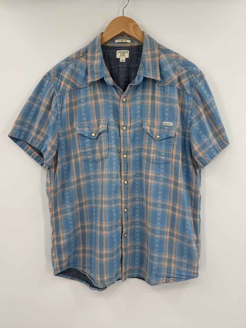 Lucky Brand Mens Western Pearl Snap Gauze Cotton Plaid Shirt | Blue Orange | L